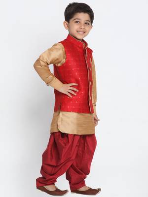  Maroon And Rose Gold Silk Blend Jacket, Kurta And Dhoti Set 2