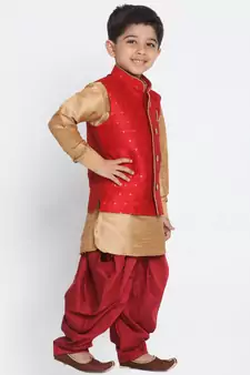  Maroon And Rose Gold Silk Blend Jacket, Kurta And Dhoti Set