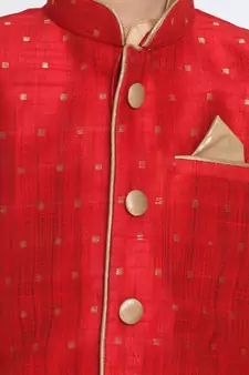  Maroon And Rose Gold Silk Blend Jacket, Kurta And Dhoti Set