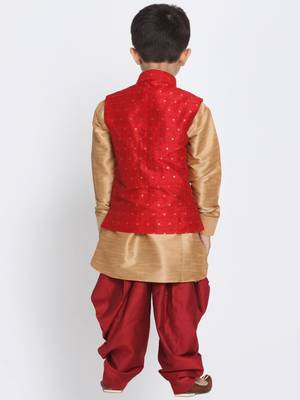  Maroon And Rose Gold Silk Blend Jacket, Kurta And Dhoti Set 4