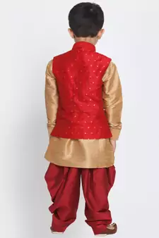  Maroon And Rose Gold Silk Blend Jacket, Kurta And Dhoti Set