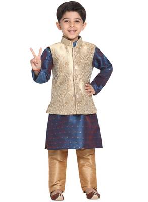  Gold And Persian Blue Silk Blend Jacket, Kurta And Pyjama Set 1