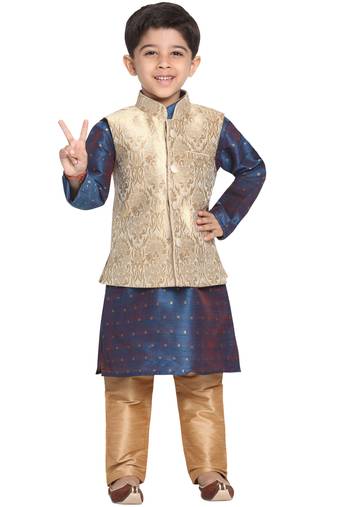 Boys Gold And Persian Blue Silk Blend Jacket, Kurta And Pyjama Set