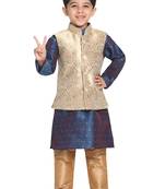  Gold And Persian Blue Silk Blend Jacket, Kurta And Pyjama Set