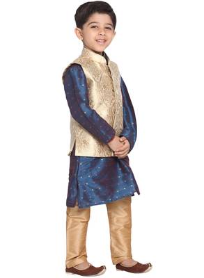  Gold And Persian Blue Silk Blend Jacket, Kurta And Pyjama Set 2