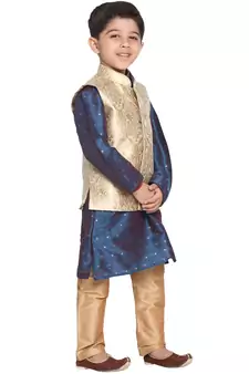  Gold And Persian Blue Silk Blend Jacket, Kurta And Pyjama Set