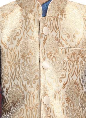  Gold And Persian Blue Silk Blend Jacket, Kurta And Pyjama Set 3