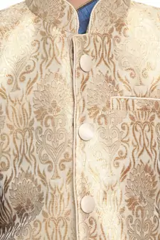  Gold And Persian Blue Silk Blend Jacket, Kurta And Pyjama Set