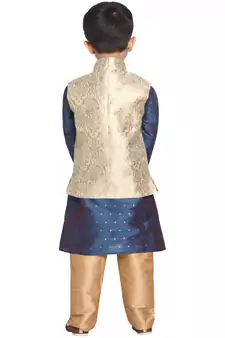  Gold And Persian Blue Silk Blend Jacket, Kurta And Pyjama Set