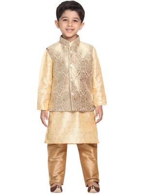  Gold Silk Blend Jacket, Kurta And Pyjama Set 1