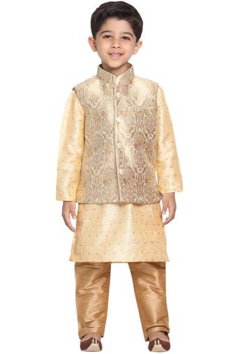 Boys Gold Silk Blend Jacket, Kurta And Pyjama Set
