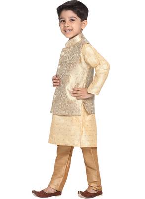  Gold Silk Blend Jacket, Kurta And Pyjama Set 2