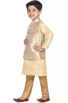  Gold Silk Blend Jacket, Kurta And Pyjama Set