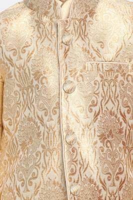  Gold Silk Blend Jacket, Kurta And Pyjama Set 3