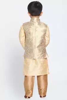 Gold Silk Blend Jacket, Kurta And Pyjama Set