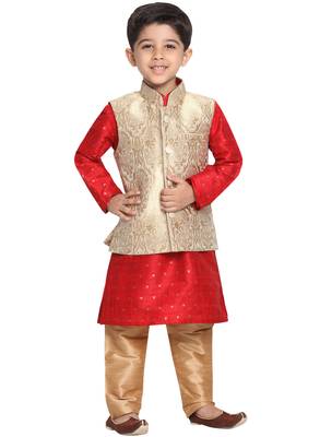  Maroon And Gold Silk Blend Jacket, Kurta And Pyjama Set 1