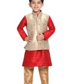  Maroon And Gold Silk Blend Jacket, Kurta And Pyjama Set