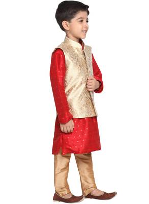  Maroon And Gold Silk Blend Jacket, Kurta And Pyjama Set 2