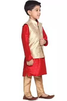  Maroon And Gold Silk Blend Jacket, Kurta And Pyjama Set
