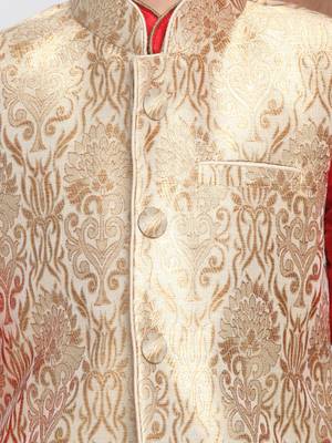  Maroon And Gold Silk Blend Jacket, Kurta And Pyjama Set 3