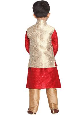  Maroon And Gold Silk Blend Jacket, Kurta And Pyjama Set 4