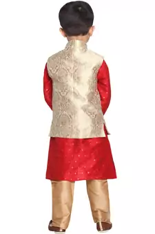  Maroon And Gold Silk Blend Jacket, Kurta And Pyjama Set