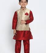  Maroon And Gold Silk Blend Jacket, Kurta And Pyjama Set