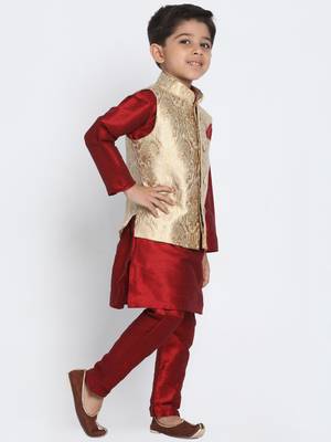  Maroon And Gold Silk Blend Jacket, Kurta And Pyjama Set 2