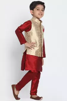  Maroon And Gold Silk Blend Jacket, Kurta And Pyjama Set