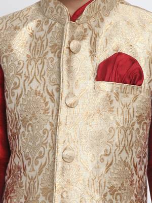  Maroon And Gold Silk Blend Jacket, Kurta And Pyjama Set 3