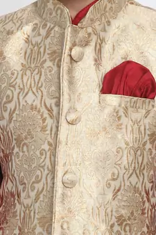  Maroon And Gold Silk Blend Jacket, Kurta And Pyjama Set