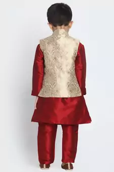  Maroon And Gold Silk Blend Jacket, Kurta And Pyjama Set
