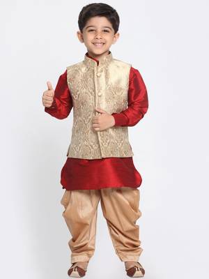  Maroon And Gold Silk Blend Jacket, Kurta And Dhoti Set 1