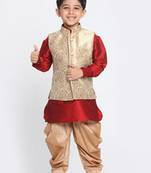  Maroon And Gold Silk Blend Jacket, Kurta And Dhoti Set