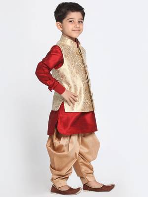 Maroon And Gold Silk Blend Jacket, Kurta And Dhoti Set 2