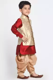  Maroon And Gold Silk Blend Jacket, Kurta And Dhoti Set