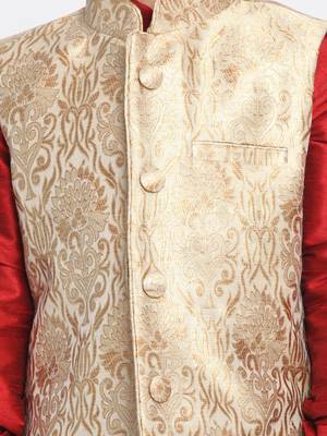  Maroon And Gold Silk Blend Jacket, Kurta And Dhoti Set 3