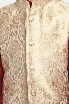  Maroon And Gold Silk Blend Jacket, Kurta And Dhoti Set