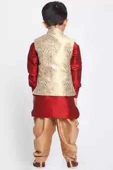  Maroon And Gold Silk Blend Jacket, Kurta And Dhoti Set