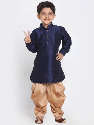 Boys Navy Blue And Rose Gold Silk Blend Kurta And Dhoti Set 1