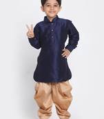 Boys Navy Blue And Rose Gold Silk Blend Kurta And Dhoti Set