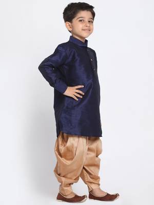 Boys Navy Blue And Rose Gold Silk Blend Kurta And Dhoti Set 2