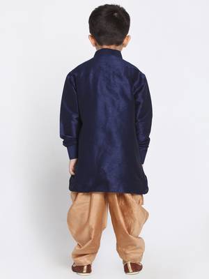 Boys Navy Blue And Rose Gold Silk Blend Kurta And Dhoti Set 4