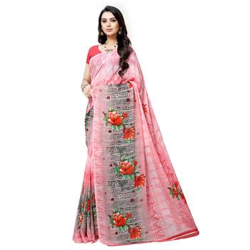 Peach printed georgette saree with blouse 1