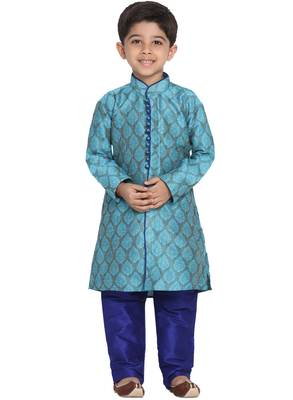 Blue Printed Blended Cotton Boys-Kurta-Pyjama 1