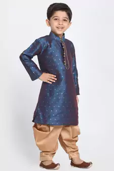  Persian Blue And Rose Gold Silk Blend Kurta And Dhoti Set