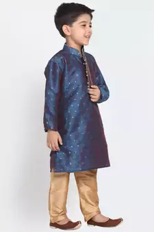  Persian Blue And Rose Gold Silk Blend Kurta Pyjama Set