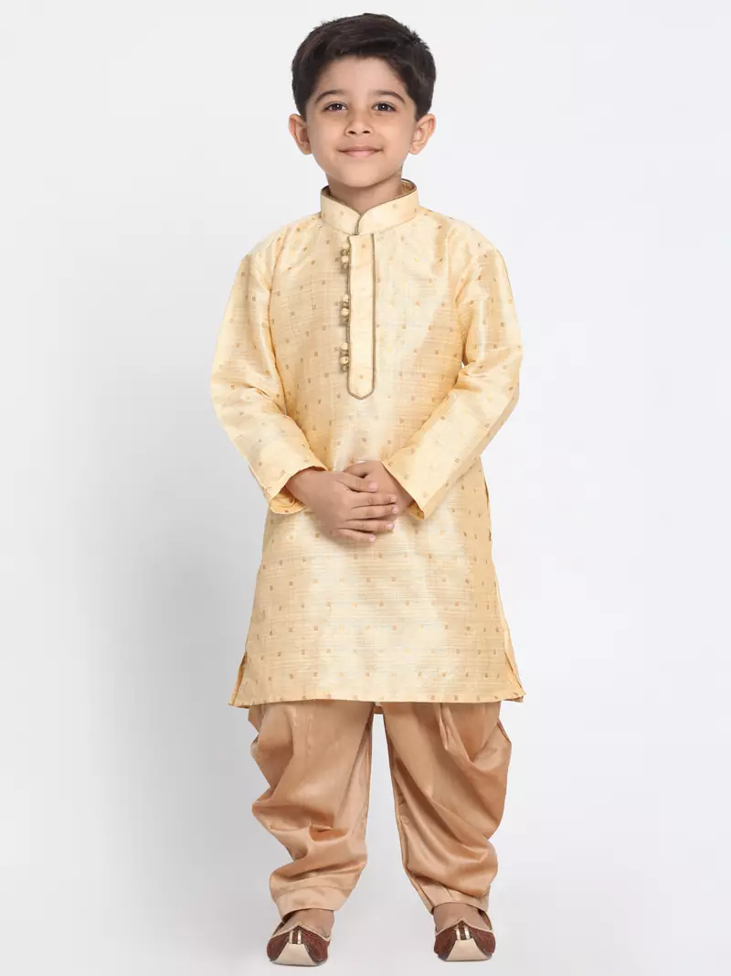 Gold Printed Cotton Silk Boys-Kurta-Pyjama
