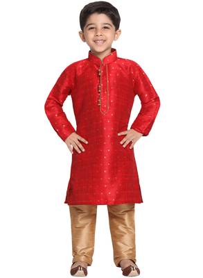  Maroon And Rose Gold Silk Blend Kurta Pyjama Set 1