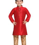  Maroon And Rose Gold Silk Blend Kurta Pyjama Set